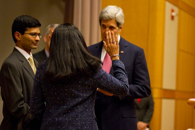 Nisha Biswal sworn-in by US Secretary of State John Kerry as the new Assistant Secretary for South and Central Asia.