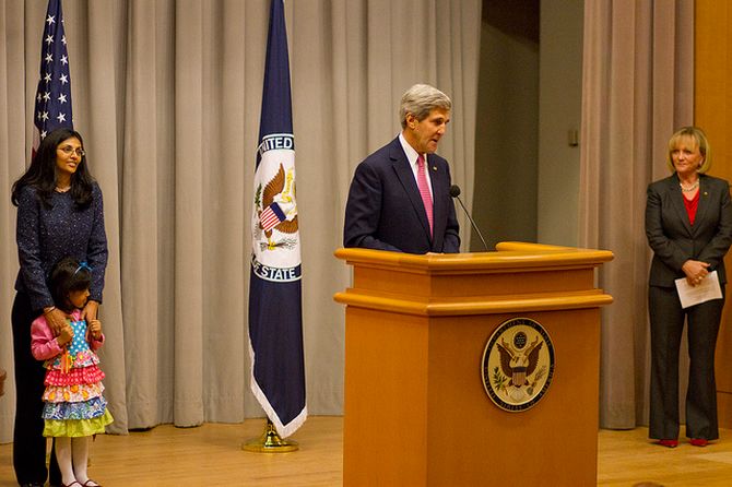 John Kerry speaks during Nisha Desai Biswal's swearing-in ceremony at Washington, DC