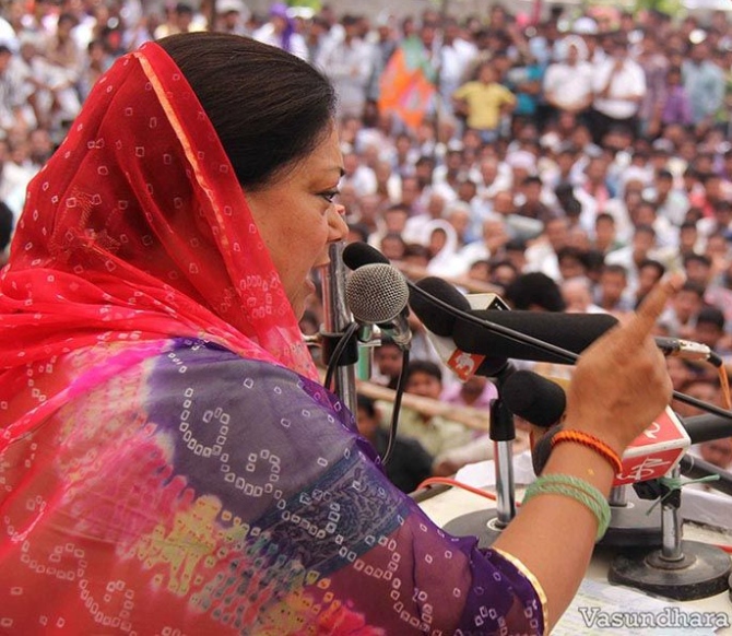 BJP's Rajasthan chief ministerial candidate Vasundhara Raje addresses a rally
