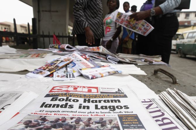 Newspapers are displayed at a vendor's stand along a road in Obalende district in Nigeria's commercial capital Lagos 