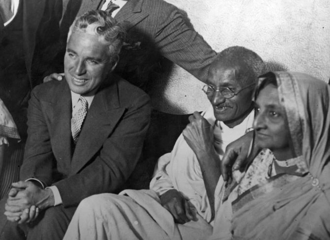 Mahatma Gandhi with Charlie Chaplin, London, 1931. Photograph: Getty Images