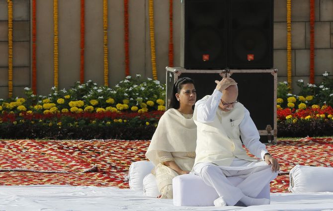 Senior BJP leader LK Advani and his daughter Pratibha at Rajghat on Wednesday