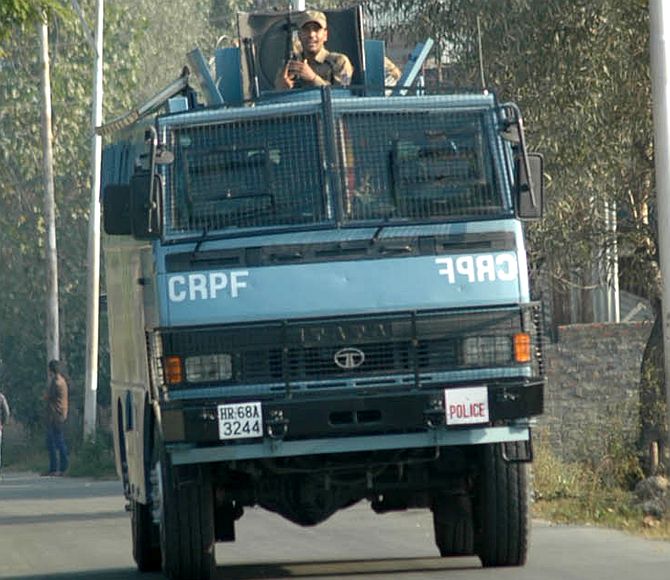 A CRPF armoured vehicle near the operation site 