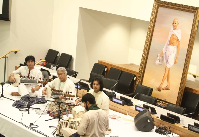 Ustad Amjad Ali Khan and his sons Amaan and Ayaan perform at the UN