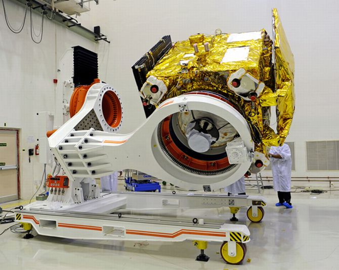 Mars Orbiter Mission spacecraft being prepared for a prelaunch test at Satish Dhawan Space Centre, Srihairkota