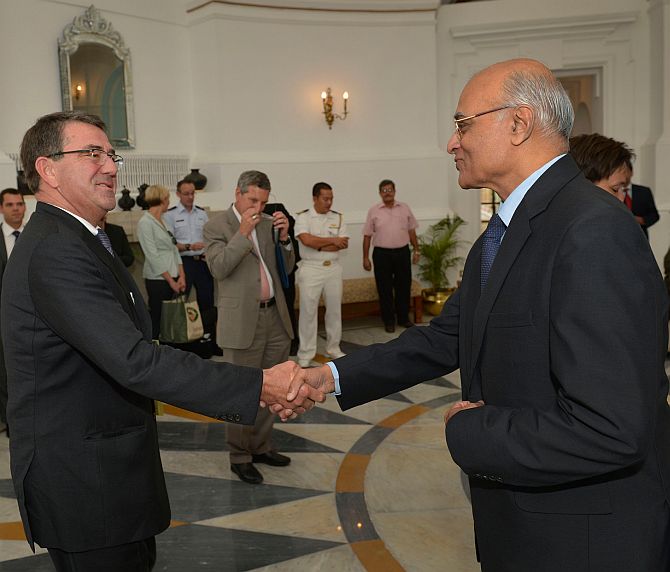 US Deputy Secretary of Defence Ashton B Carter is welcomed to Hyderabad House by National Security Adviser Shivshankar Menon in New Delhi, September 17. The Carter-Menon Initiative has pushed US-India defence cooperation to unprecedented levels