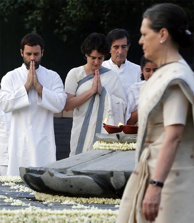 Congress President Sonia Gandhi with son Rahul and daughter Priyanka. Photograph: Adnan Abidi/Reuters