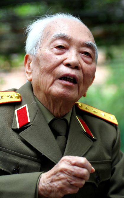 General Vo Nguyen Giap speaks during an interview in Hanoi in this 2004 photograph