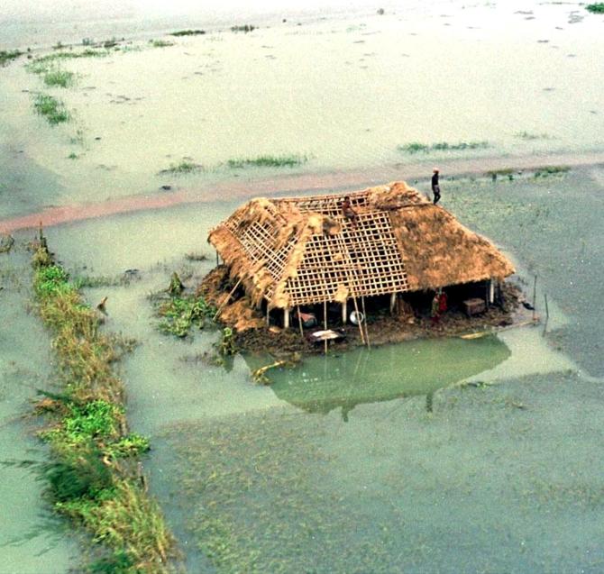 An aerial view of the cyclone-hit village of Ersama in Jagatsingpur district, many parts of which is still flooded, in Odisha in November 1999. The village was completely destroyed after the super cyclone hit the state on October 29