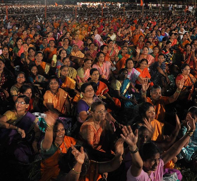 Members of Shiv Sena's women's wing attend the rally at Shivaji Park