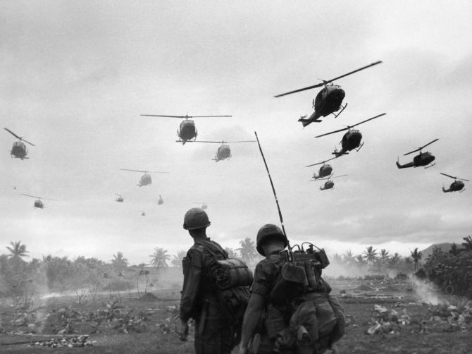 A 1967 photograph showing a wave of US combat helicopters during the Vietnam War.