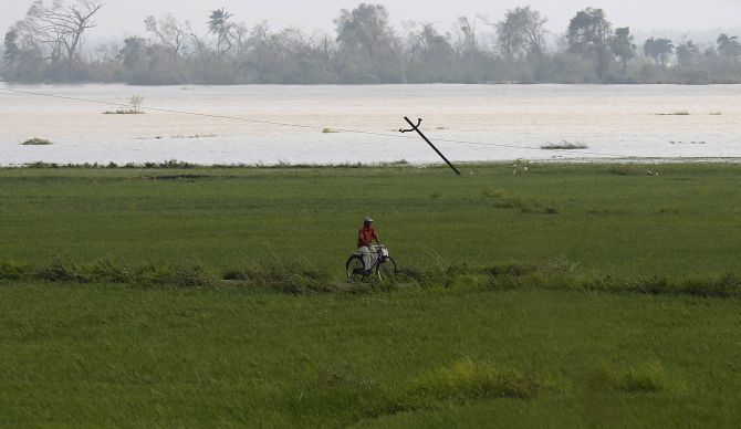 A man cycles through a field submerged in water after Cyclone Phailin hit Brahmapur town in Ganjam district.