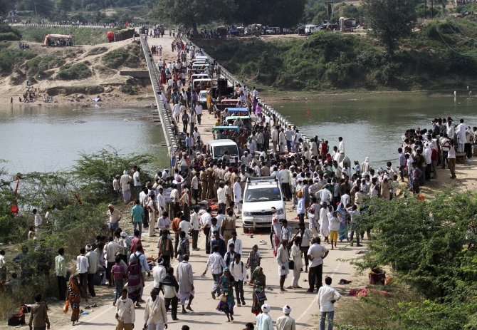 The bridge on which the stampede took place near a temple in Madhya Pradesh's Datia district