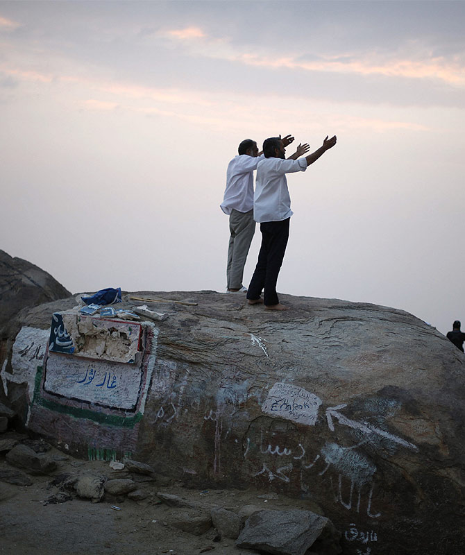 Muslim pilgrims pray atop Mount Thor in the holy city of Mecca ahead of the annual haj pilgrimage