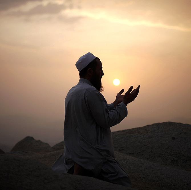 A Muslim pilgrim prays atop Mount Thor in the holy city of Mecca ahead of the annual haj pilgrimage. Mount Thor marks the start of the journey of the Prophet Mohammad and his companion Abu Bakr Al-Sadeeq from Mecca to Medina. It houses Thor cave where Prophet Mohammed is believed hid from the people of Quraish before his Hijra (migration) to Medina.