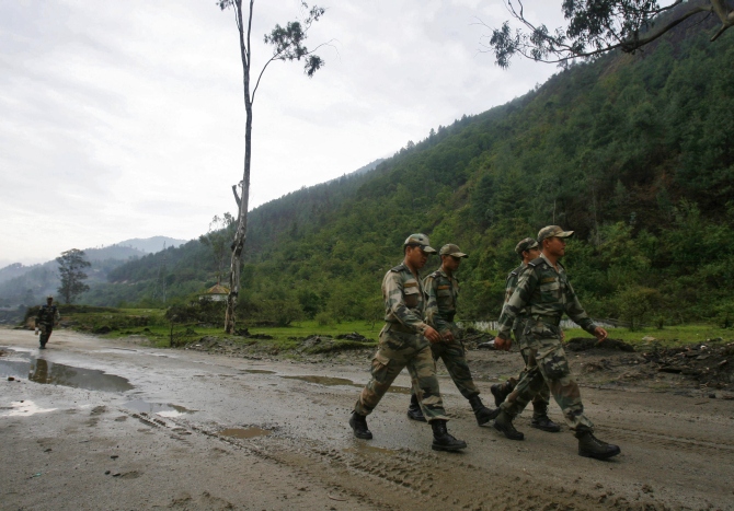 Indian soldiers on the Tezpur-Tawang highway, which runs close to the Chinese border, in Arunachal Pradesh.