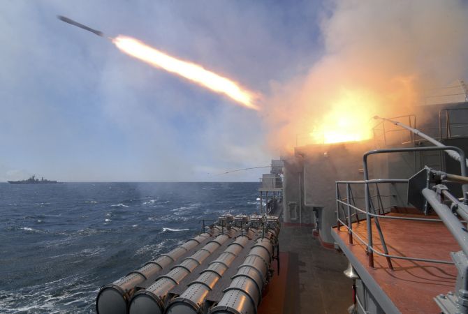 An anti-submarine missile blasts off from the Russian warship Marshal Shaposhnikov during a Russian-Indian military drill in the Sea of Japan, off the coast of Russia's far eastern city of Vladivostok.