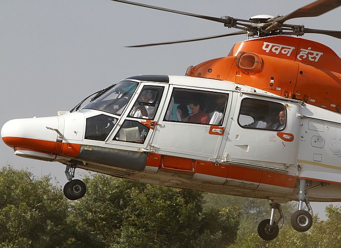 File photo of Congress party chief Sonia Gandhi arriving in a Pawan Hans helicopter to attend an election campaign rally