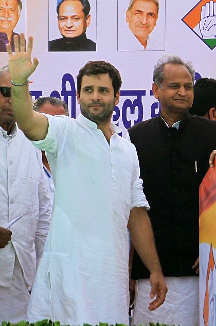 Rahul Gandhi waves to his supporters after arriving in Churu on Wednesday