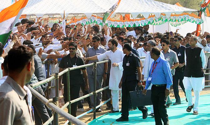 Rahul Gandhi greets his supporters in Churu on Wednesday
