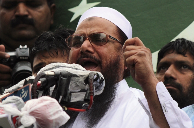 Hafiz Saeed, head of the Jamaat-ud-Dawa organisation and founder of Lashkar-e-Tayiba, address an anti-India rally in Lahore