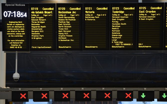 The notice board at London Bridge Station shows all trains cancelled during rush hour on Monday