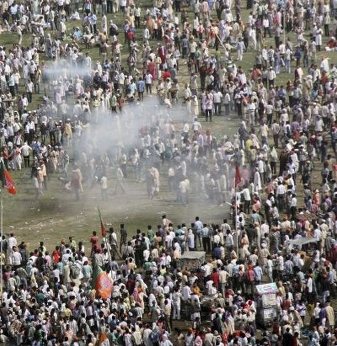 Smoke rises after a bomb exploded at Patna's Gandhi Maidan where Narendra Modi addressed a massive rally on Sunday 