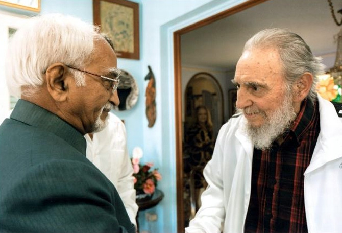 Fidel Castro greets Vice-President Hamid Ansari during a rare 65-minute meeting in October 2013. It was the last time the Cuban revolutionary met an Indian leader.