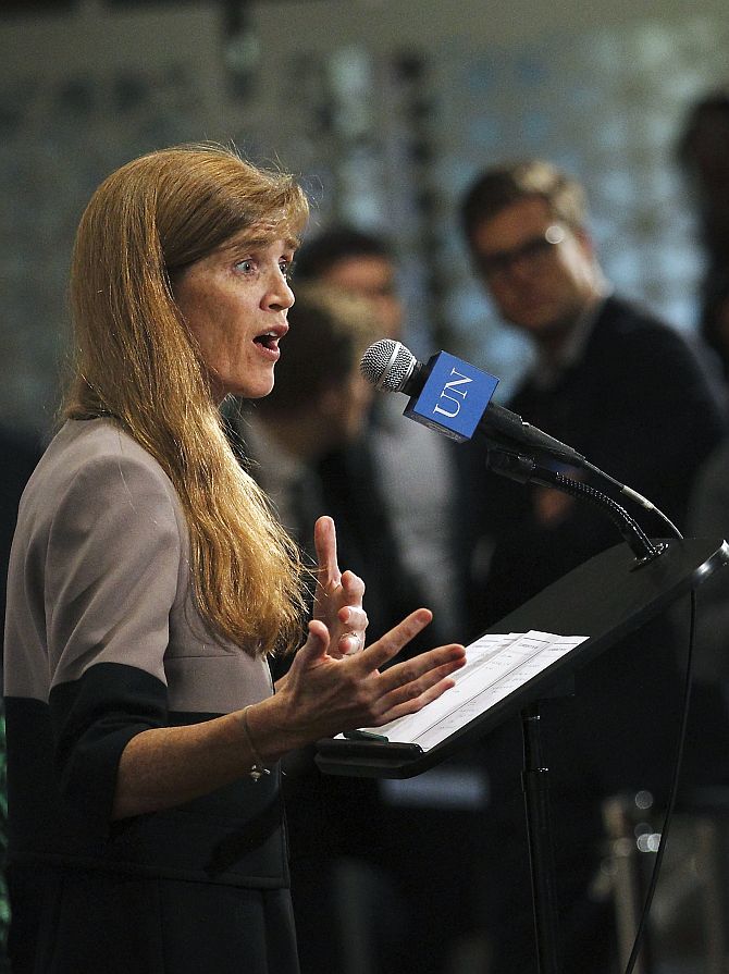 US Ambassador to the United Nations Samantha Power speaks to the press following a UN Security Council meeting at the United Nations Headquarters in New York