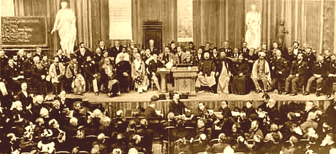 Swami Vivekananda (seventh from left) at the Parliament of World's Religions, Chicago, on September 21, 1893