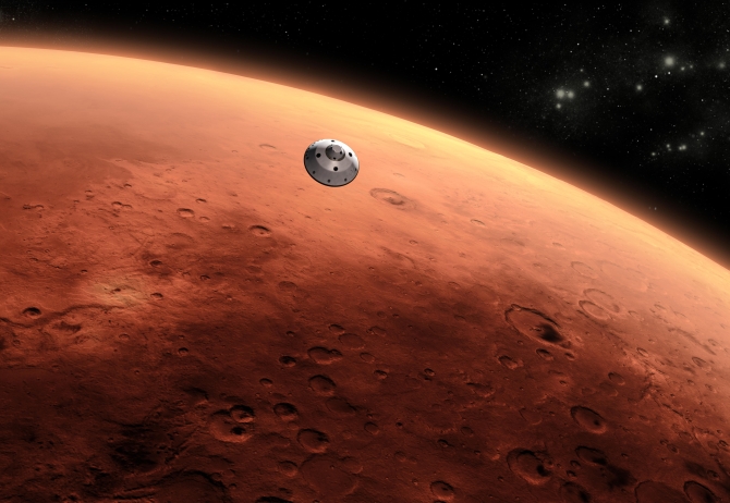 An artist's depiction of NASA's Mars Science Laboratory spacecraft approaching the red planet