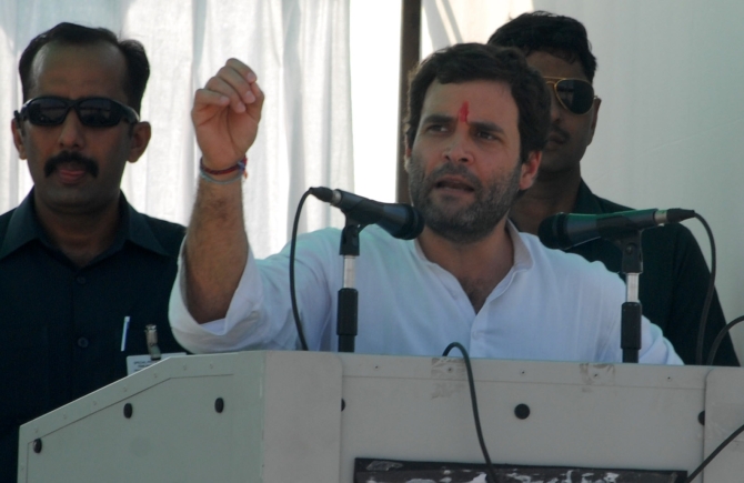 Rahul Gandhi addresses crowds gathered for his rally in Barmer  