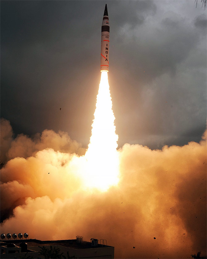 The Agni-V missile being launched from Wheeler Island in Odisha on September 15