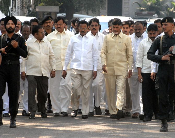 TDP chief N Chandrababu Naidu with other party leaders in Hyderabad
