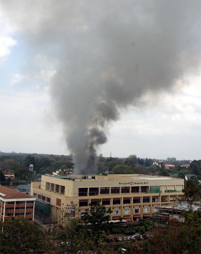 Smoke rises from the Westgate shopping centre in Nairobi following a string of explosions during the third day of a stand-off between Kenyan security forces and gunmen inside the building
