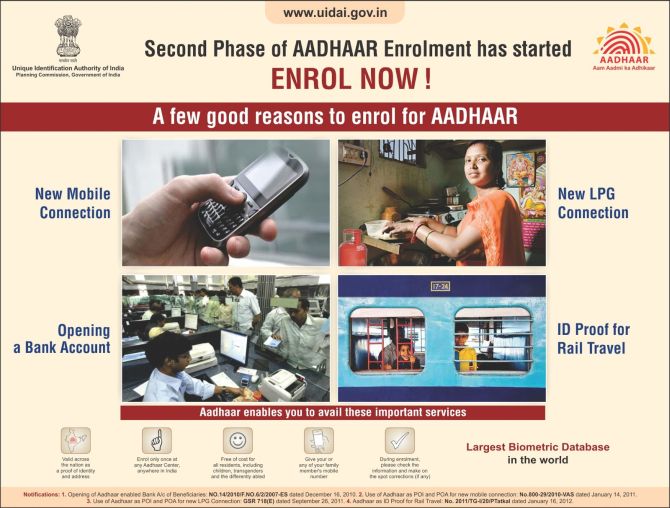 A government advertisement listing benefits of the Aadhaar card