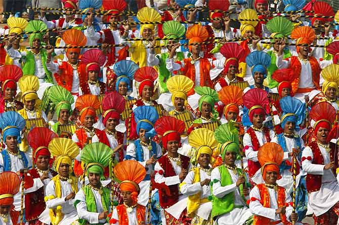 Schoolchildren perform during the Republic Day parade in New Delhi.