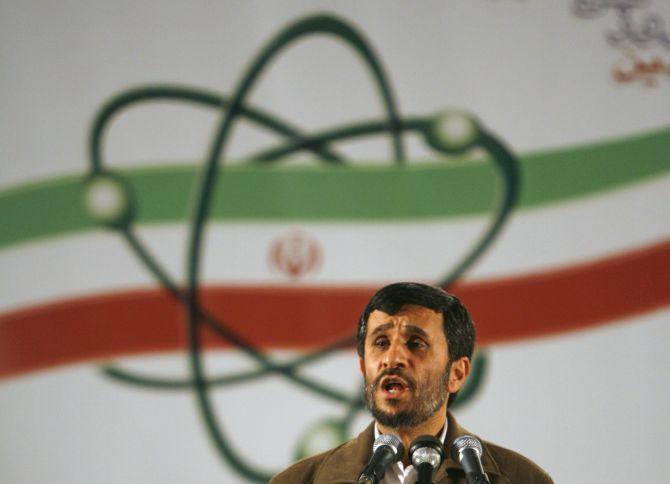 Former Iran President Mahmoud Ahmadinejad speaks during a ceremony at the Natanz nuclear enrichment facility in April 2007