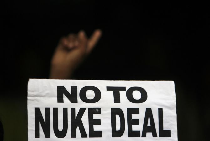 Activists take part in a protest against India's possible civilian nuclear deal with the United States during a demonstration by several citizen's groups in Mumbai in July 2008.