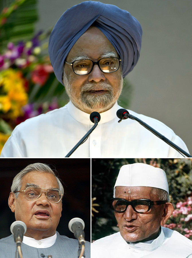 Prime Minister Manmohan Singh, former PMs Atal Bihari Vajpayee and Morarji Desai