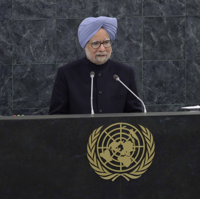 Prime Minister Manmohan Singh addresses the 68th United Nations General Assembly at U N headquarters in New York