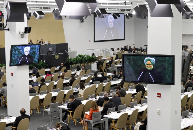 Dr Singh address is televisied at the UN headquarters in New York