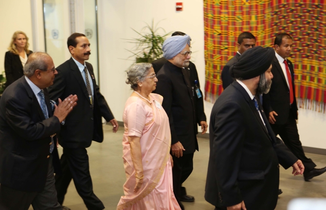 Dr Singh arrives at the UN headquarters with his wife Gursharan Kaur