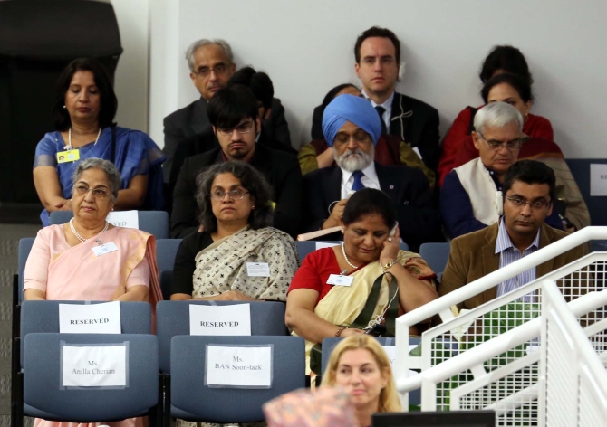 Dr Singh's wife Gursharan Kaur and , Deputy Chairman of the Planning Commission Montek Singh Ahluwalia at the UN