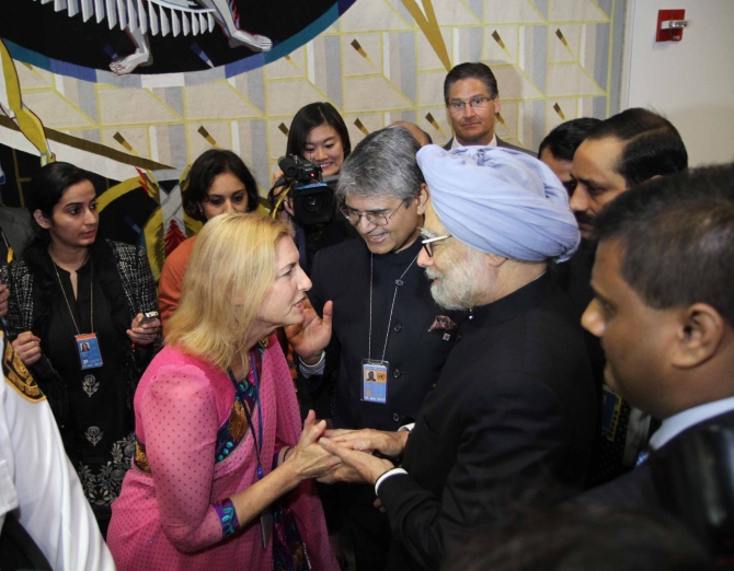 Dr Singh interacts with staff ahead of his address at the UN  