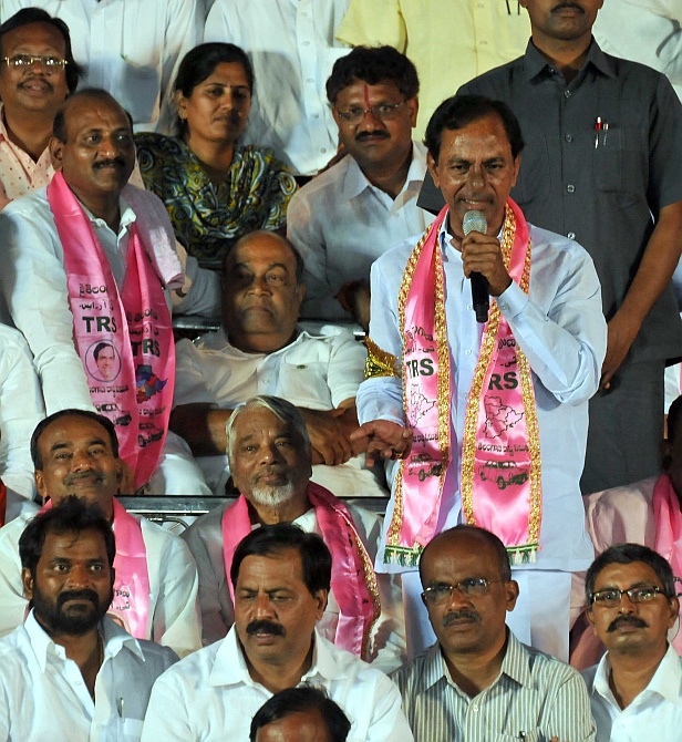 Telangana Rashtra Samiti president K Chandrasekhar Rao (with microphone) at the rally
