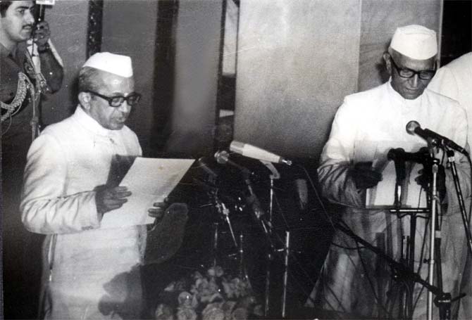 Acting President B D Jatti swears in Morarji Desai as India's first non-Congress Prime Minister.