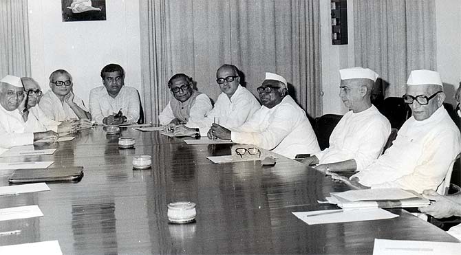 Prime Minister Morarji Desai with his Cabinet ministers and Opposition leaders in Parliament house, June 18, 1977.