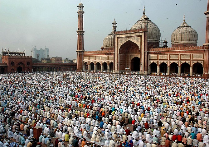 Muslims offering prayers at Delhi's Jama Masjid.