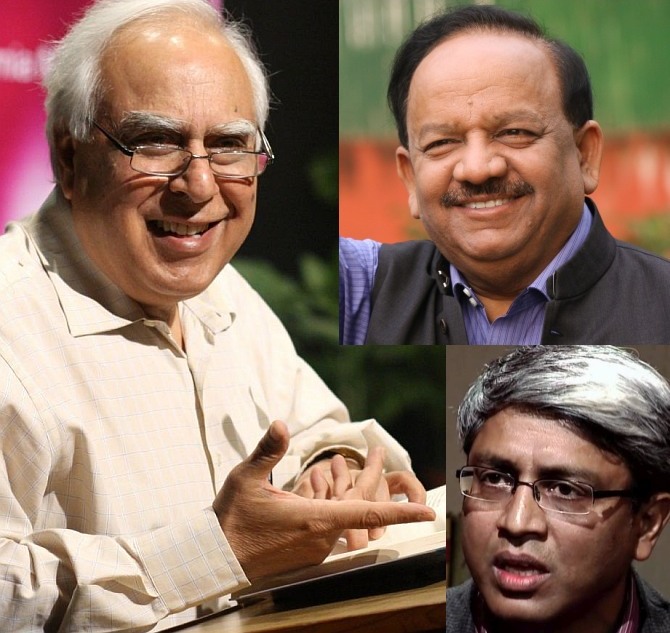 Clockwise: The BJP candidate from Chandni Chowk Dr Harshvardhan; the AAP's Ashutosh, and incumbent Congress MP Kapil Sibal.